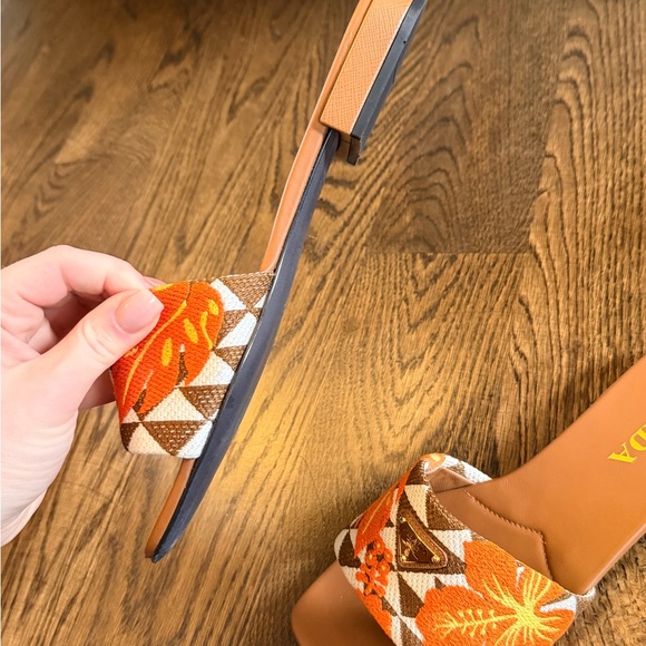 Prada Orange Floral Patterned Slide Mules - Picture 6 of 8